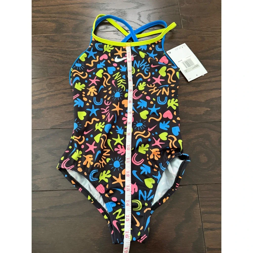 Nike Girls One Piece Swimsuit Neon Doodle Print Crossback Black NESSC715-001 XS